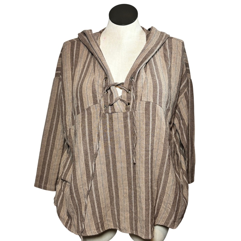 KyeMi Womens Lace Up Hoodie Medium Brown Striped Woven Boho Lagenlook Pockets